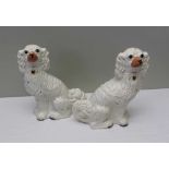 A PAIR OF VICTORIAN STAFFORDSHIRE POTTERY MANTEL DOGS, gilded chain padlock collars, 33cm high