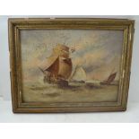 E.BATTY 'Sail Boats off the Coast'. Oil painting on canvas, signed, 29cm x 39cm, in ornate gilt