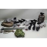 A COLLECTION OF SHOOTING ACCESSORIES & DECOYS; 12 pigeons, 12 crows, 2 magpie, together with