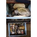 TWO CRATES CONTAINING A SELECTION OF DOMESTIC ITEMS, in metal, glass and porcelain