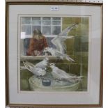 S.A. WARREN A WATERCOLOUR STUDY OF A LADY FEEDING BIRDS FROM HER WINDOW, double mounted in slender