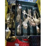 A CRATE CONTAINING AN EXTENSIVE SELECTION OF PREDOMINANTLY DOMESTIC CUTLERY VARIOUS