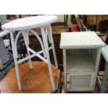 A WHITE PAINTED LLOYD LOOM BEDSIDE UNIT together with a similar circular topped table