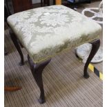 A 19TH CENTURY SQUARE PAD TOPPED STOOL on four cabriole legs