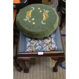 A MAHOGANY FRAMED WOOLWORK PAD TOPPED STOOL, on cabriole legs with ball & claw feet, together with a