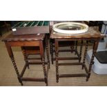 AN INVERT PIECRUST EDGED OAK TABLE on barley twist legs with box stretcher between, together with