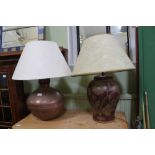 TWO OVERSIZED DECORATIVE TABLE LAMPS one copper based, the other painted pottery