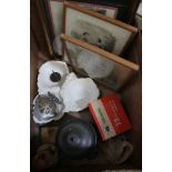 A BOX CONTAINING A SELECTION OF COLLECTABLE DOMESTIC ITEMS VARIOUS to include decorative prints,