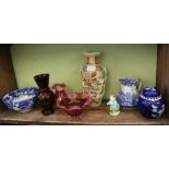 A SELECTION OF USEFUL AND COLLECTABLE DOMESTIC POTTERY & GLASSWARE to include; a cranberry jug &