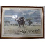 AFTER DONALD GRANT A LIMITED EDITION COLOURED PRINT OF A CHARGING BULL ELEPHANT, produced by Venture