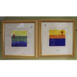 A PAIR OF ORIGINAL MODERN ARTWORKS DEPICTING THE SETTING SUN, initialled in ribbed gilt frames