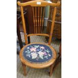 A LATE 19TH CENTURY SPINDLE BACKED OVAL SEATED CHAIR with floral woolwork pad