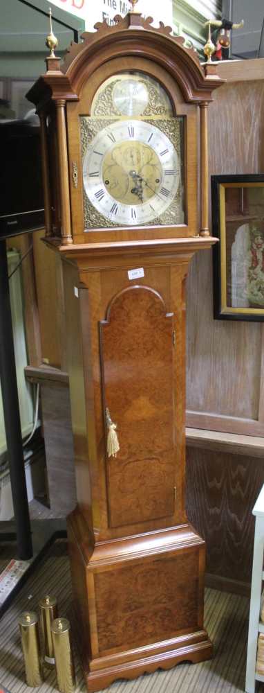 A WELL MADE REPRODUCTION WALNUT FINISHED GRANDMOTHER SIZED LONGCASE CLOCK, by 'Comitti of London'