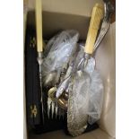A BOX CONTAINING A SELECTION OF CUTLERY VARIOUS together with commemorative powder compacts etc.