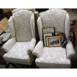 A PAIR OF IVORY COLOURED HIS & HER WINGBACK ARMCHAIRS in floral flock effect fabric