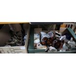 TWO BOXES CONTAINING A SELECTION OF DOMESTIC ITEMS VARIOUS, the majority pottery jugs