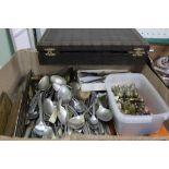 A BOX CONTAINING A SELECTION OF DOMESTIC METALWARES the majority cutlery