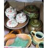 A BOX FULL OF DOMESTIC POTTERY to include; studio lidded vessels, Art Deco design bowls and pots