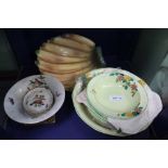 A DECO DESIGN FRUIT SET, a banana bowl, and a Herend series of bird decorated porcelain dishes