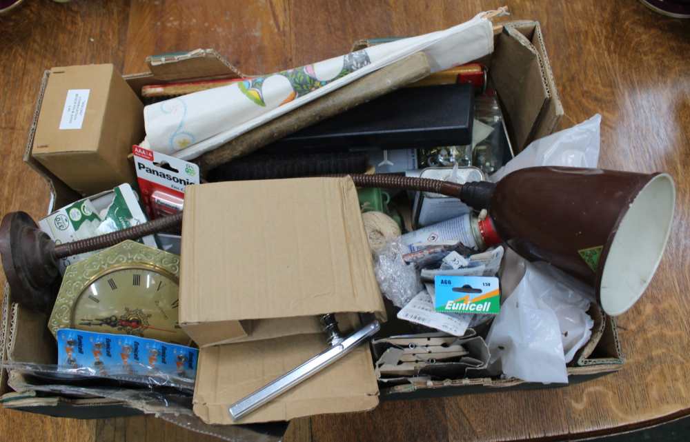 A BOX CONTAINING A SWAN NECKED BENCH TOP TASK LIGHT, together with other tools and accessories