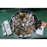 A BISCUIT TIN FULL OF COLLECTOR'S COINAGE and associated items