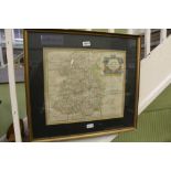 A ROBERT MORDEN MAP OF SHROPSHIRE, later hand coloured in decorative double mount