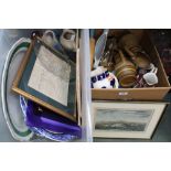 A BOX AND A CRATE CONTAINING A SELECTION OF DOMESTIC ITEMS to include; jugs, meat platters etc.