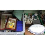 A BOX AND A CRATE CONTAINING A SELECTION OF DOMESTIC COLLECTABLES to include crested china