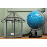 A MODERN ILLUMINATING TABLE GLOBE together with a lead and glass terrarium