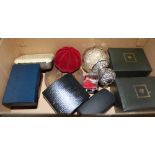 A SHOEBOX CONTAINING A SELECTION OF COSTUME JEWELLERY and associated items