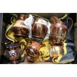 A BOX CONTAINING A SELECTION OF PREDOMINANTLY 19TH CENTURY COPPER LUSTRE JUGS