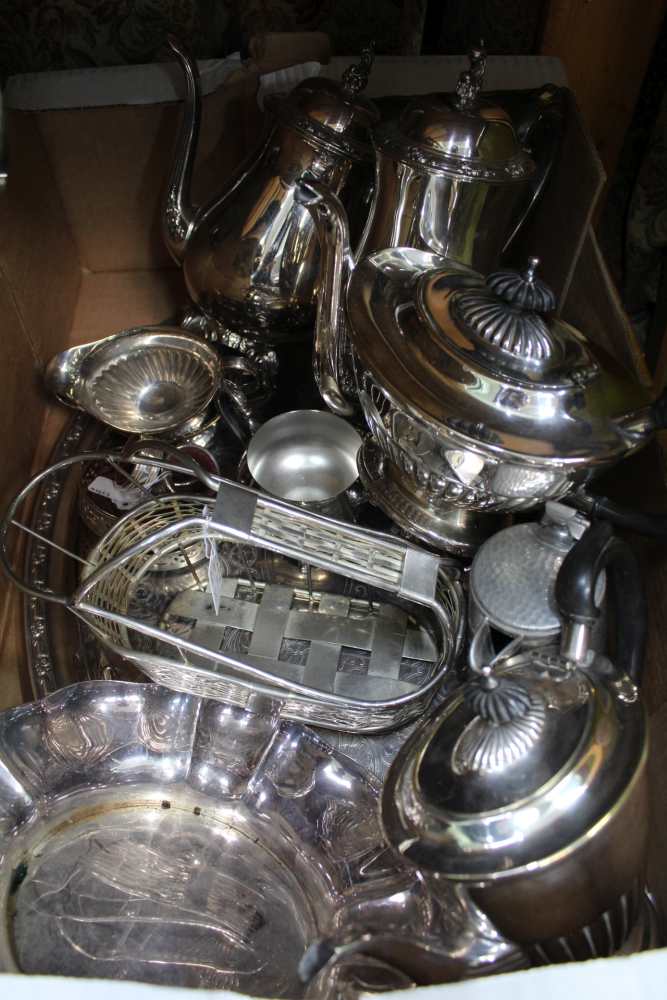 TWO BOXES OF DOMESTIC METALWARES, the majority silver-plate and for the tabletop - Image 3 of 4