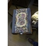 A MAHOGANY FRAMED WOOLWORK PAD TOPPED STOOL, on cabriole legs with ball & claw feet, together with a