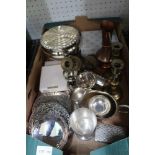 A BOX OF METALWARES VARIOUS, to include a pair of brass candlesticks