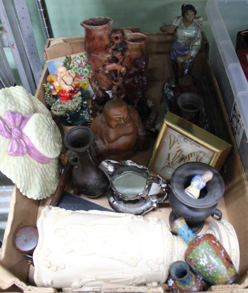 A BOX CONTAINING A SELECTION OF DOMESTIC COLLECTABLES VARIOUS, to include an Eastern view of
