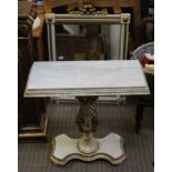 A DECORATIVELY PAINTED RECTANGULAR MARBLE TOPPED CONSOLE TABLE on single column and plinth base,