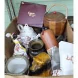 A BOX CONTAINING A SELECTION OF USEFUL DOMESTIC ITEMS to include; teapot, biscuit barrels etc.