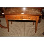 A MID CENTURY MAHOGANY FINISHED FOLD-OVER COFFEE TABLE with two inline storage drawers