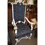 A CONTINENTAL DESIGN PAINTED WOODEN FRAMED THRONE ARMCHAIR finished in ivory white with gilt