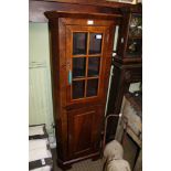 A SMALL SIZED MAHOGANY FINISHED CORNER CUPBOARD, with glazed upper door and plain panelled lower