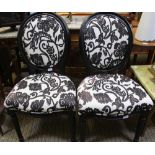 A PAIR OF MODERN FRENCH DESIGN SINGLE CHAIRS with black & white floral flock design back and seat