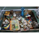 A BOX CONTAINING A SELECTION OF COLLECTOR'S ENAMELLED POTS together with modern pottery and