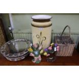 A SELECTION OF DOMESTIC ITEMS VARIOUS, to include circular stick stand, doorstops, serving trays