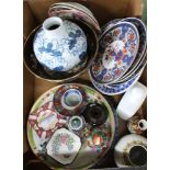 A BOX CONTAINING PREDOMINANTLY ORIENTAL INFLUENCED POTTERY & PORCELAIN