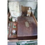 A BOX CONTAINING A SELECTION OF DOMESTIC COLLECTABLES to include, wooden box, desk stand, pottery