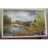 W. HAINING AN ACRYLLIC ON BOARD STUDY OF A WELSH VALLEY RIVER BRIDGE, signed, dated 1976