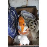 A BOX OF MIXED DOMESTIC POTTERY together with an antique ale glass