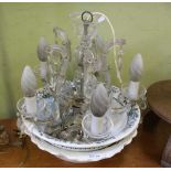 A GLASS HANGING FIVE LIGHT CHANDELIER with facet cut droppers, together with two pottery bowls