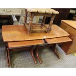 A RETRO DESIGNED LONG & LOW RECTANGULAR TOPPED COFFEE TABLE with two satellite orphans below,