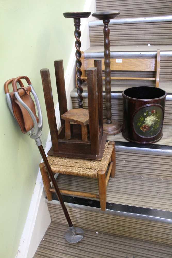 A SMALL SELECTION OF USEFUL DOMESTIC ITEMS to include shooting stick, waste paper basket, stools,